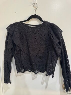 Zara Black Lace Long-Sleeve Eyelet Blouse